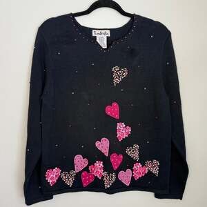 Vintage 90s Timberlea Beaded Heart Sweater, Black Knit, Women's Size M